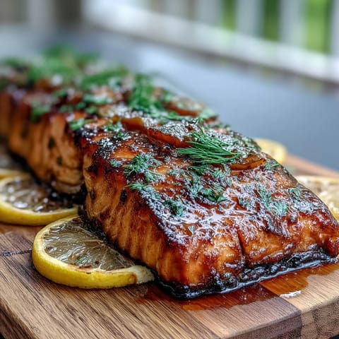 Cedar plank salmon with lemon and dill, grilled to smoky perfection and served with fresh citrus slices.