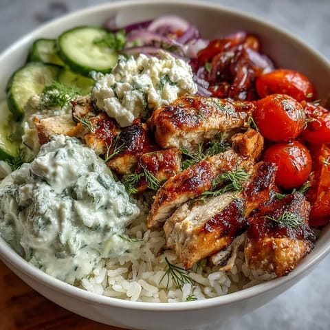 Lemon-herb marinated Greek Chicken Bowls, perfect with cucumber and olives.