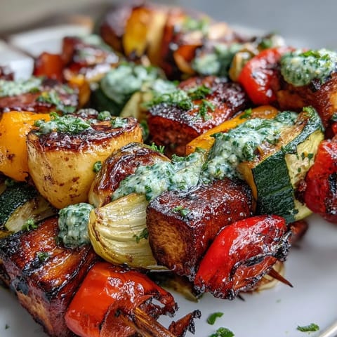 Smoky grilled veggie kabobs piled high, bursting with fresh flavor and zesty sauce.