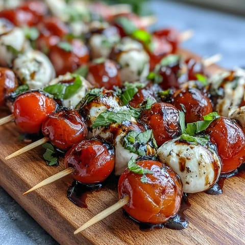 Caprese skewers with balsamic drizzle, a fresh Italian appetizer on a platter.