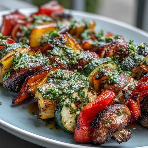 Colorful grilled veggie kabobs with vibrant chimichurri sauce, perfect for summer entertaining.