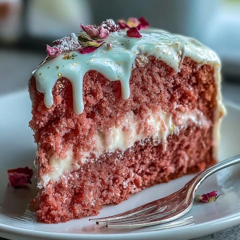 Elegant Bridal Shower Rosé Velvet Cake cascading with shimmering gold drip.