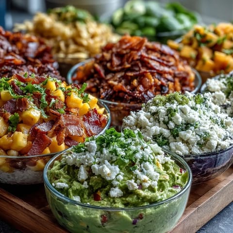 Festive guacamole bar with five colorful, zesty topping options for a party.