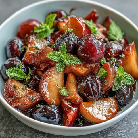 Warm German Fruit Salad glistening with honey, cinnamon, and tender autumn fruit.