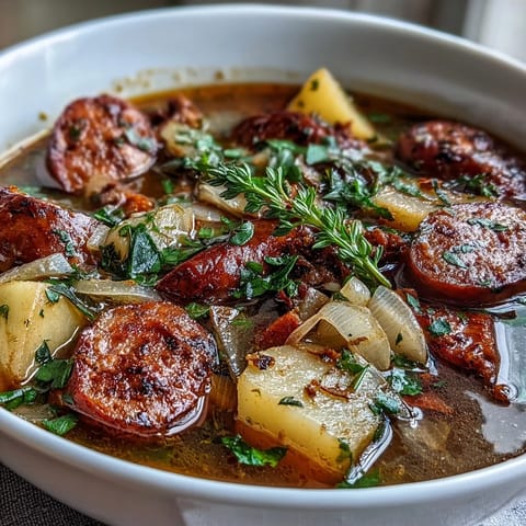 A steaming bowl of Quick German Sausage Soup, perfect for a weeknight comfort meal.