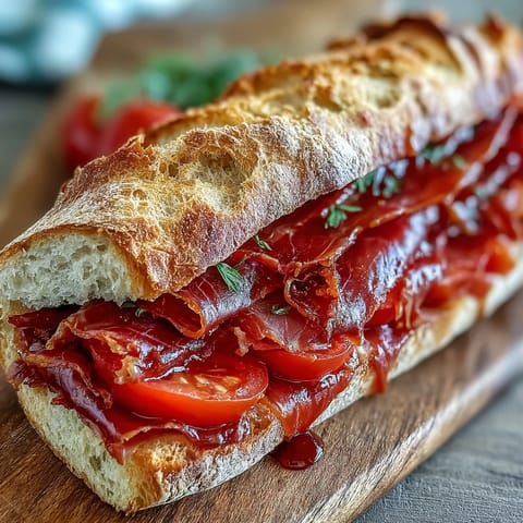 Gourmet Spanish Iberian ham sandwich, showcasing fresh ingredients on rustic bread.