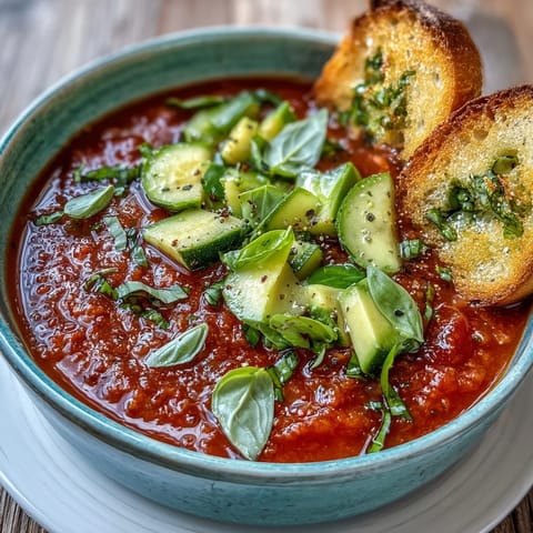 Vibrant chilled gazpacho twist soup with fresh avocado and basil garnish.
