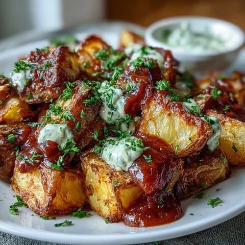 Golden Quick Patatas Bravas, a delicious Spanish tapa, ready to serve.