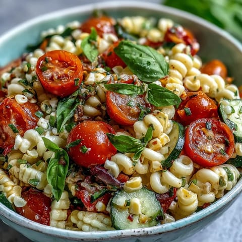 Vibrant Summer Corn and Tomato Pasta Salad with zesty vinaigrette, a perfect picnic side.