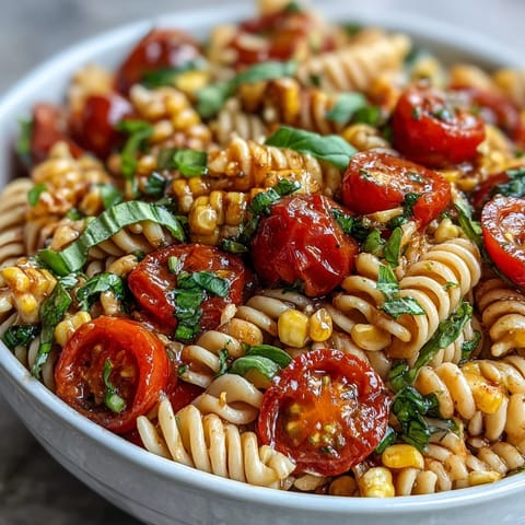 Vibrant summer corn and tomato pasta salad with fresh basil glistening in dressing.