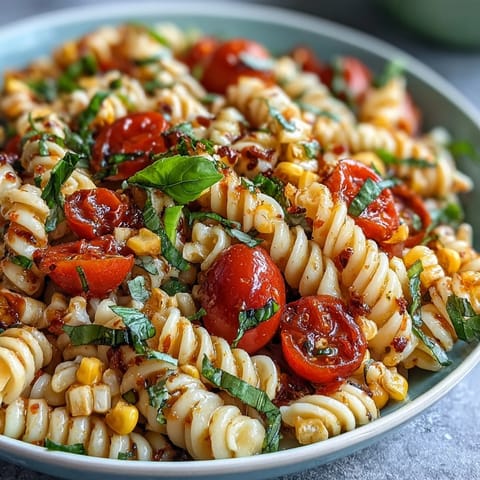 Colorful summer corn and tomato pasta salad, a refreshing summer side dish.