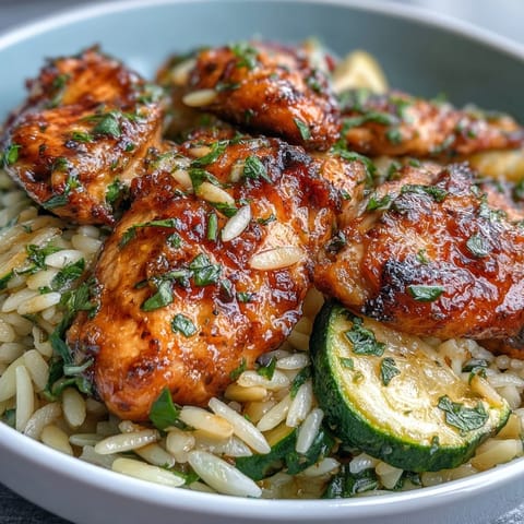 Bright, easy One-Pan Lemon Chicken and Zucchini Orzo with a citrusy lemon sauce.
