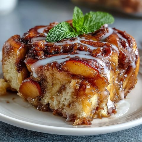 Warm peach cobbler cinnamon roll casserole with gooey icing swirls.