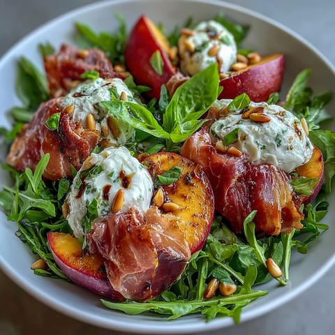 Creamy burrata and sweet peaches atop fresh greens in this Peach Burrata Prosciutto Salad.