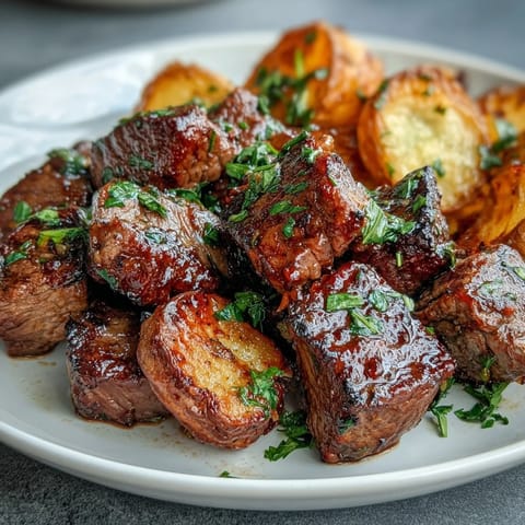 Golden garlic butter steak bites piled high with crispy, seasoned potatoes.