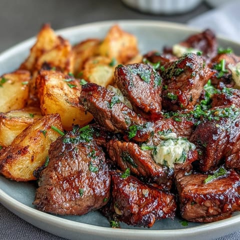 Tender Garlic Butter Steak Bites and Potatoes seared with crispy, golden potatoes.