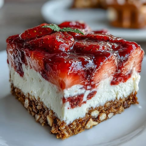 Close-up of vibrant Strawberry Pretzel Jello Salad, a Fourth of July favorite.