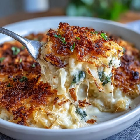 Golden caramelized onion cabbage gratin bubbling in a dish.