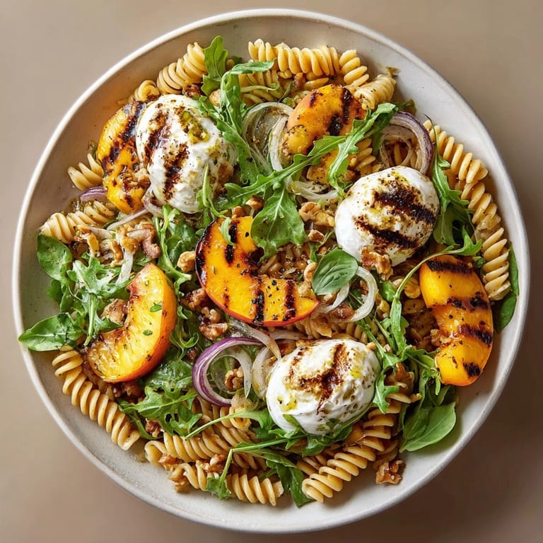 Summer grilled peach & burrata pasta salad with caramelized peaches, arugula, and torn burrata.