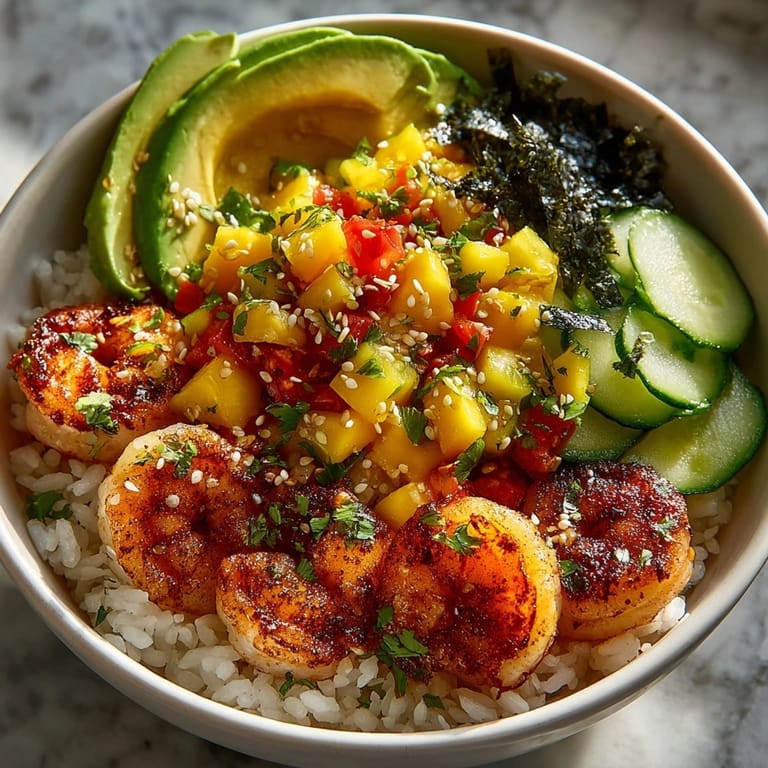 Avocado Shrimp Rice Bowls with Mango Salsa served in colorful bowls, garnished with sesame seeds and lime.