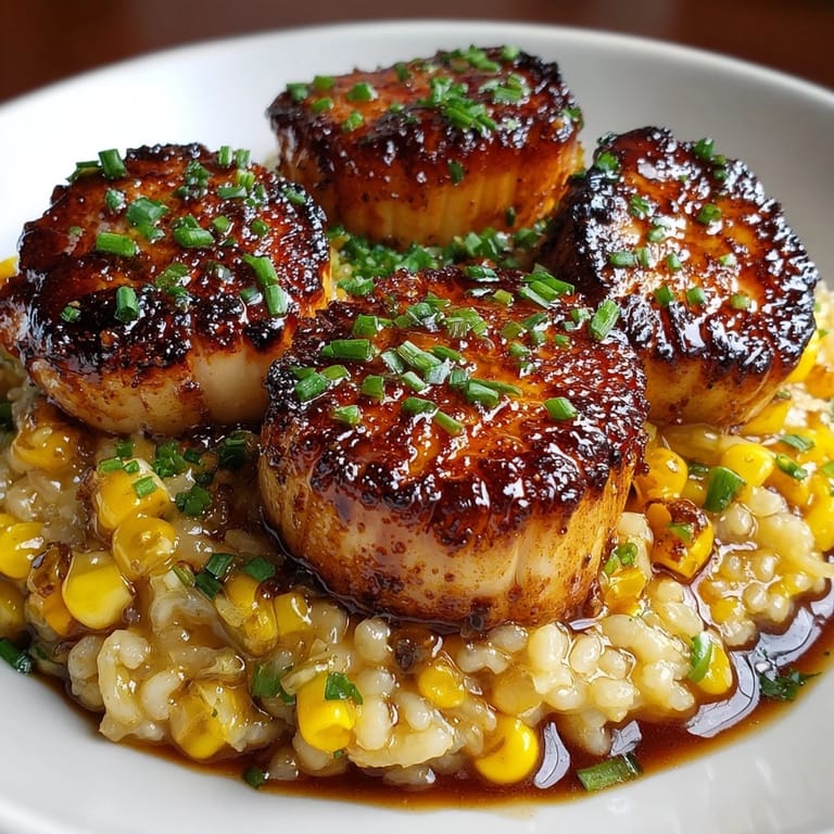 Honey Butter Seared Scallops with Corn Risotto plated, showcasing golden scallops on creamy, garnished risotto.