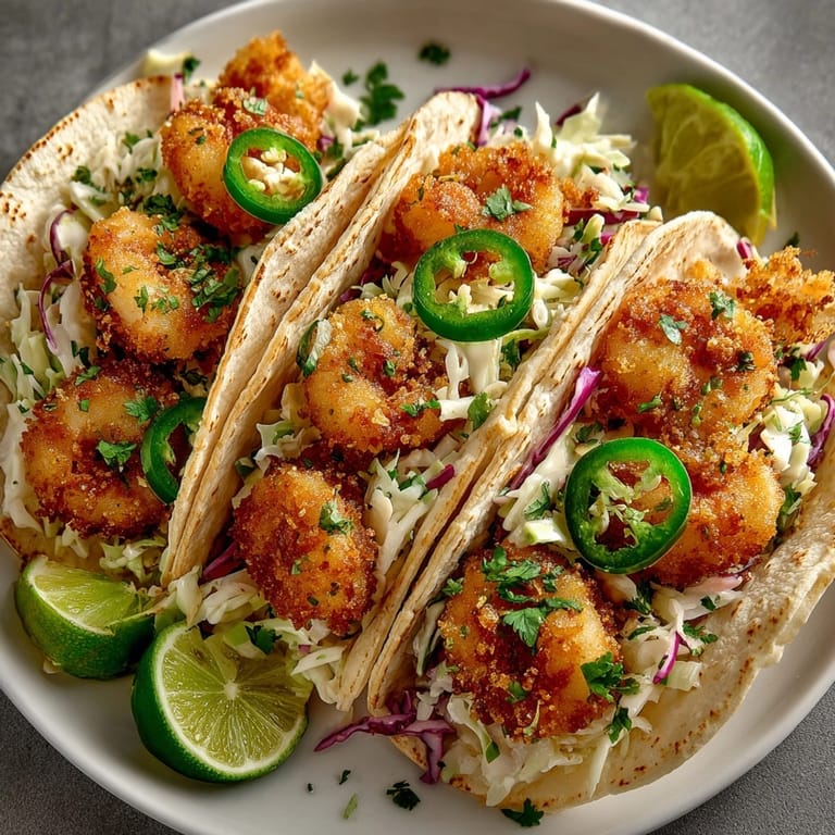 Golden beer-battered shrimp nestled in tortillas with vibrant slaw, ready for a summer gathering.