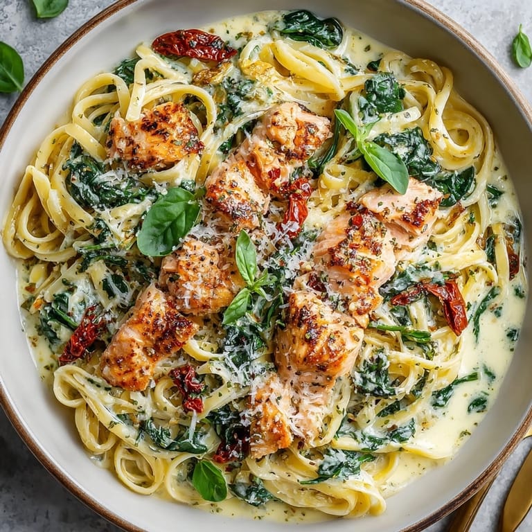 Close-up of Creamy Garlic Tuscan Salmon Pasta in a skillet, glistening with garlic cream sauce.