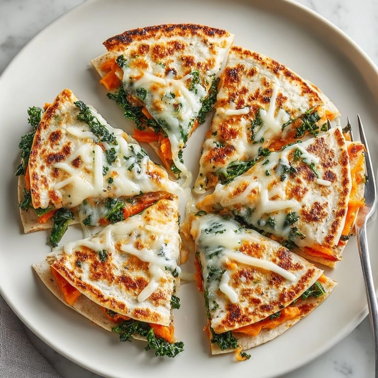 Hearty Sweet Potato &amp; Kale Quesadillas with gooey cheese and roasted vegetable filling inside