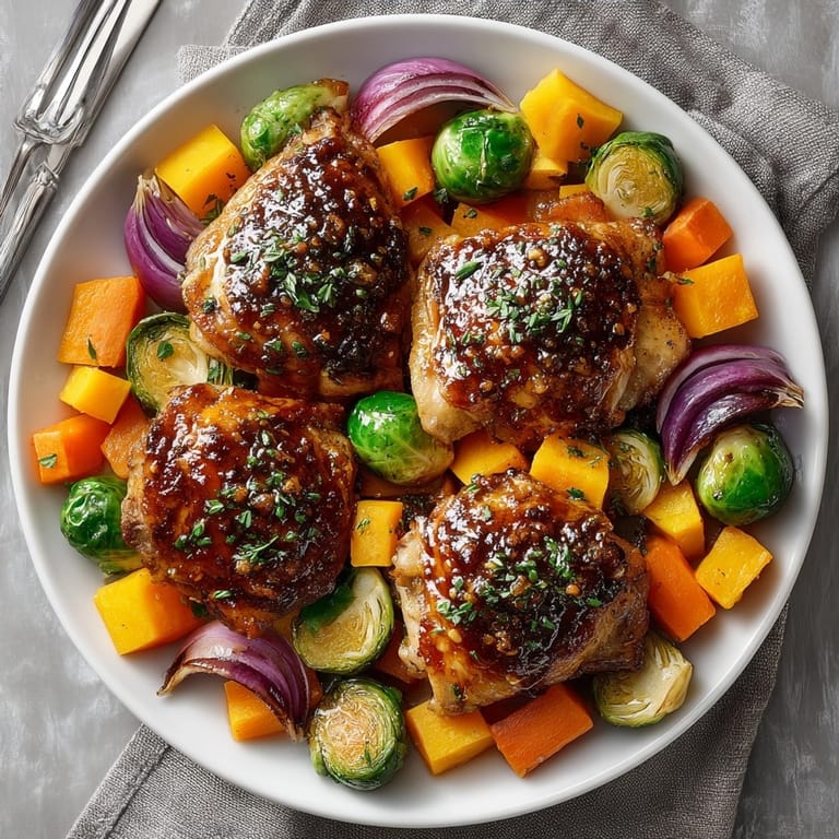 Juicy One-Pan Honey Garlic Chicken with Roasted Fall Vegetables arranged on a rustic baking sheet, ready for a cozy dinner.