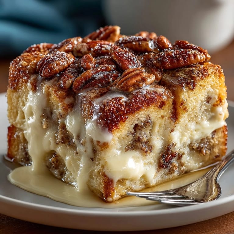 Close-up of All-American Maple Pecan French Toast Casserole, warm maple custard soaking rich brioche bread.