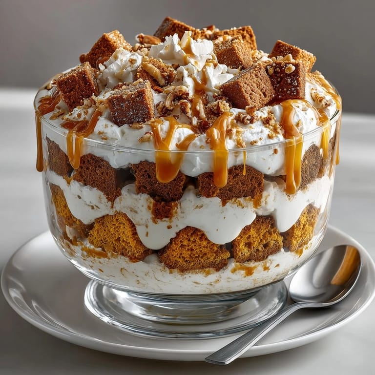 Close-up of a Chaos Cake Pumpkin Spice Disaster Trifle, rich with spiced cake cubes and caramel drizzle.