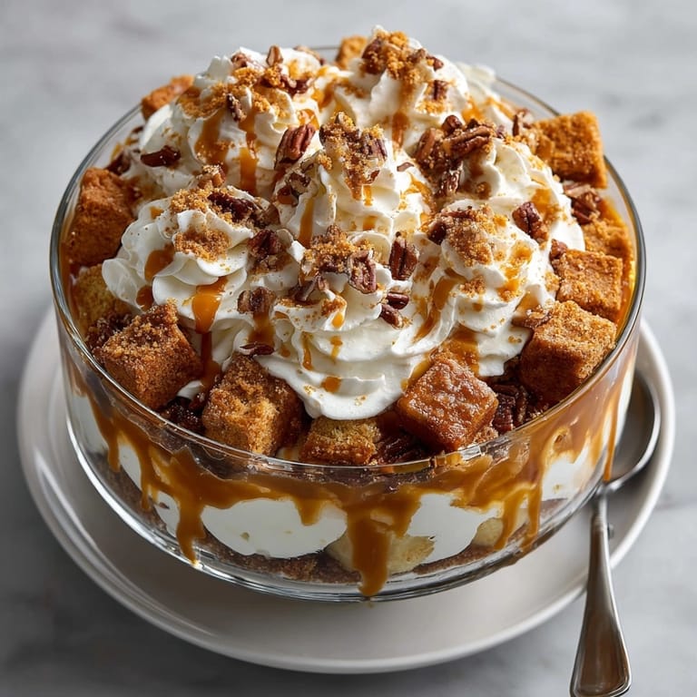 Festive Chaos Cake Pumpkin Spice Disaster Trifle served in a tall glass dish, perfect for fall gatherings.