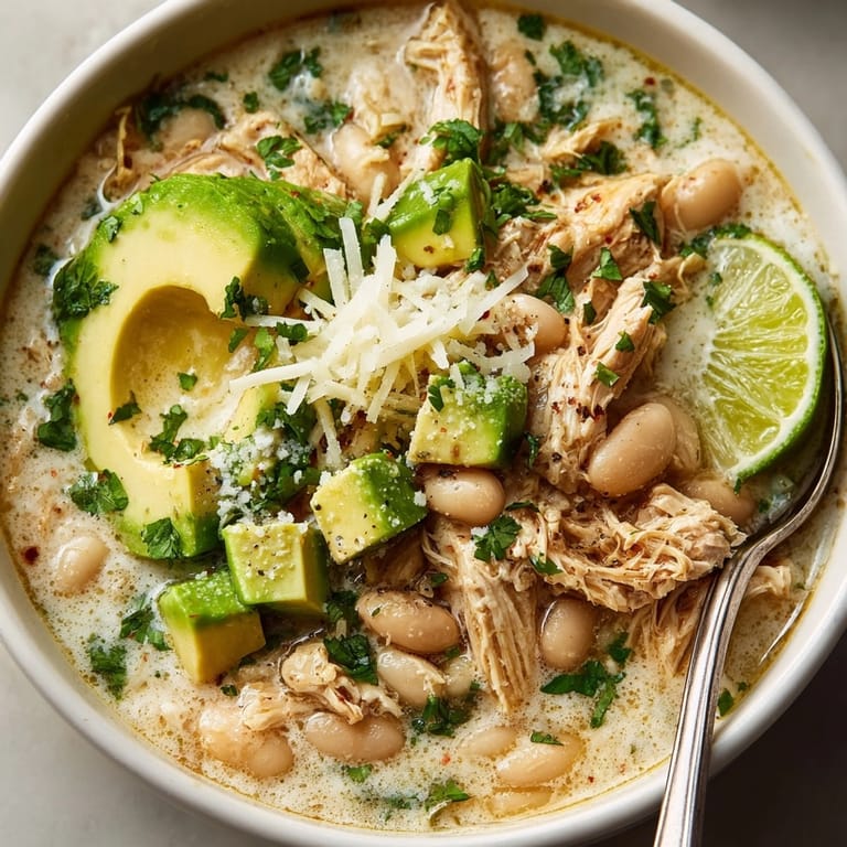 Hearty Budget-Friendly White Chicken Chili with Secret Beans garnished with cilantro and lime wedges for serving.