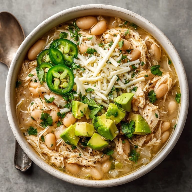 Creamy Budget-Friendly White Chicken Chili with Secret Beans, rich with tender chicken and visible white beans.