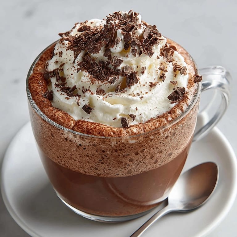 Steaming mug of Rebel Float Hot Chocolate with melting marshmallow cream float and creamy swirls