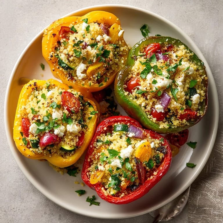 Freshly baked Mediterranean Quinoa Stuffed Bell Peppers on a platter, highlighting juicy veggies and fluffy quinoa.