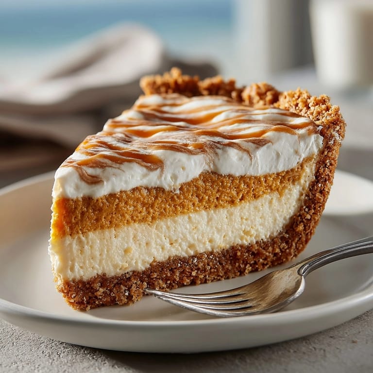 Enjoy a warm slice of Pumpkin Cream Cheese Pie with gingersnap crumble crust, perfect for fall.