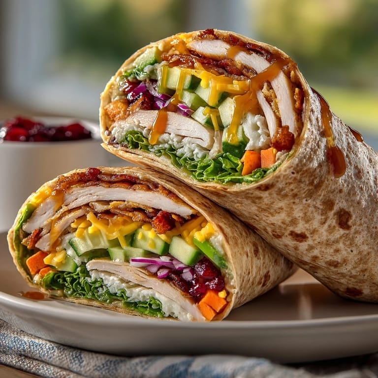 A close-up of a loaded Thanksgiving Leftover Turkey Wrap, showcasing the delicious layers.