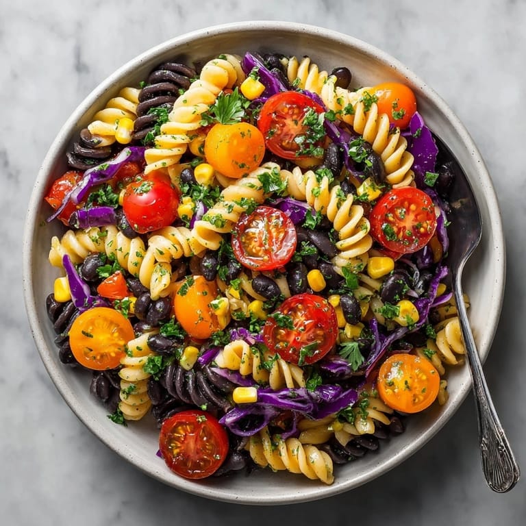 A bowl of healthy, flavorful Spooky Black Bean Halloween Pasta Salad, perfect for fall gatherings.