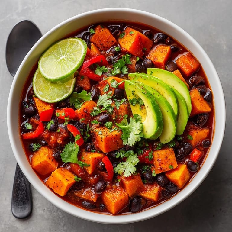 Delicious aroma of spiced sweet potato and black bean chili, ready to be served with lime.