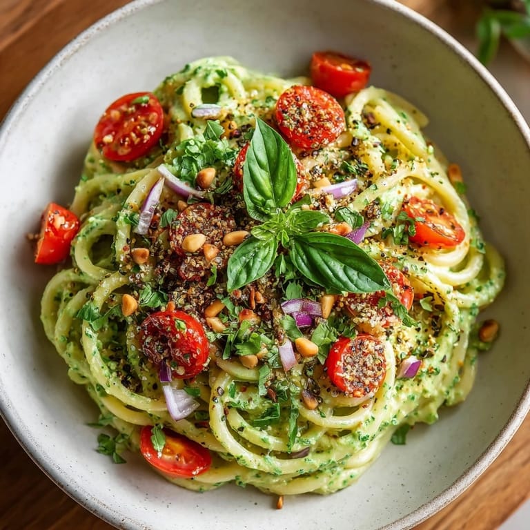 Close-up of California Avocado Pasta finished with everything seasoning, toasted pine nuts, and herbs.