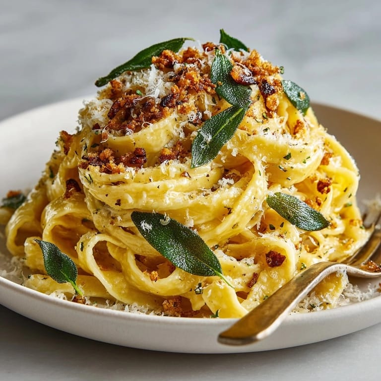 Close-up of Brown Butter Sage Pasta with Crispy Sage Glass Shards and fragrant herbs sprinkled on top.