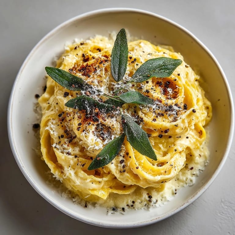 Creamy Brown Butter Sage Pasta garnished with Parmigiano-Reggiano and dramatic crispy sage glass shards for texture.