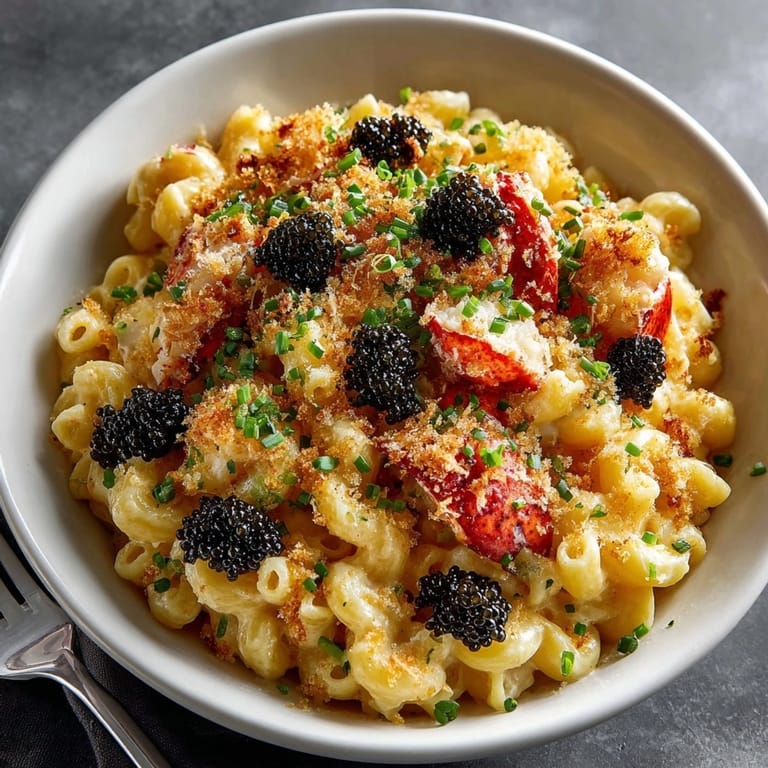 A creamy lobster mac and cheese with caviar, topped with crisp, buttery panko breadcrumbs.
