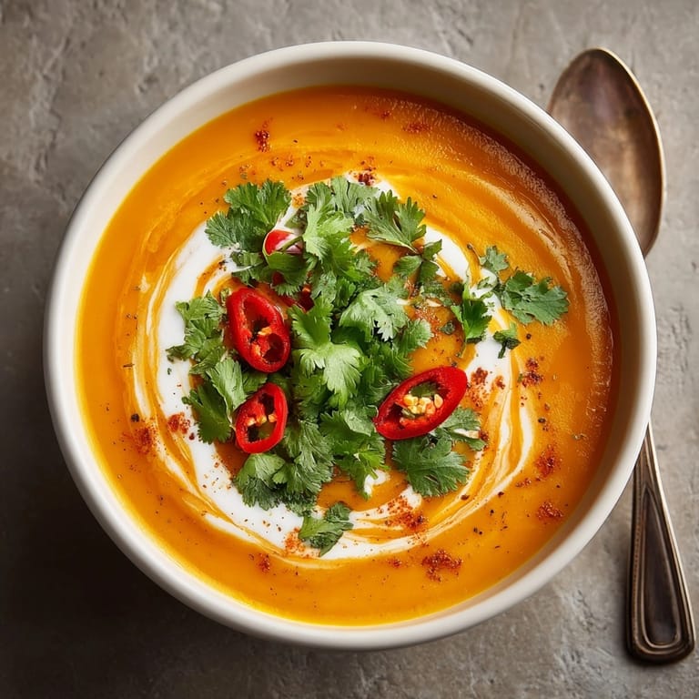 Close-up of Thai Curry Butternut Squash Soup with vibrant orange color and velvety texture, ready to eat.