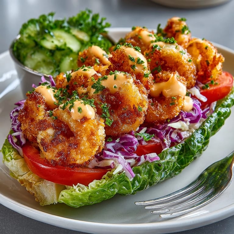 Shrimp po’ boy lettuce boats with colorful cabbage and creamy remoulade, perfect for light summer lunches.