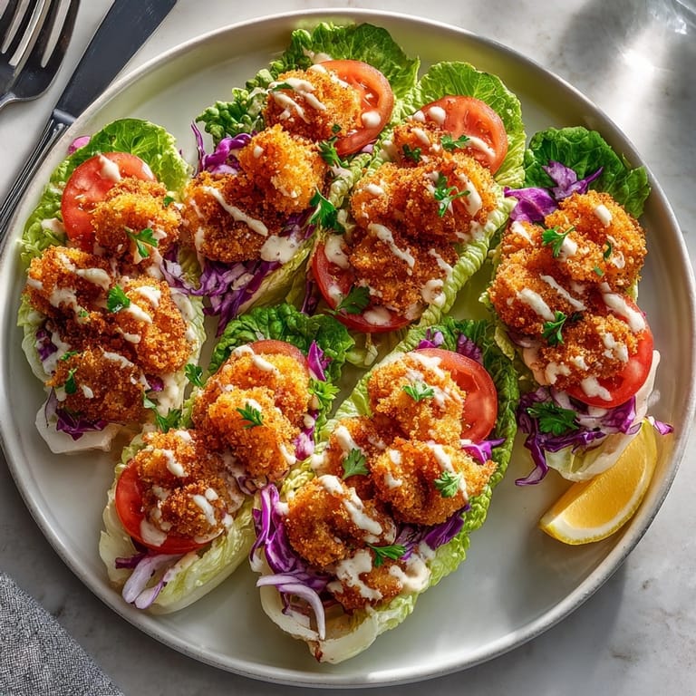 Golden shrimp and fresh veggies nestled in lettuce leaves for a gluten-free shrimp po’ boy lettuce boats meal.