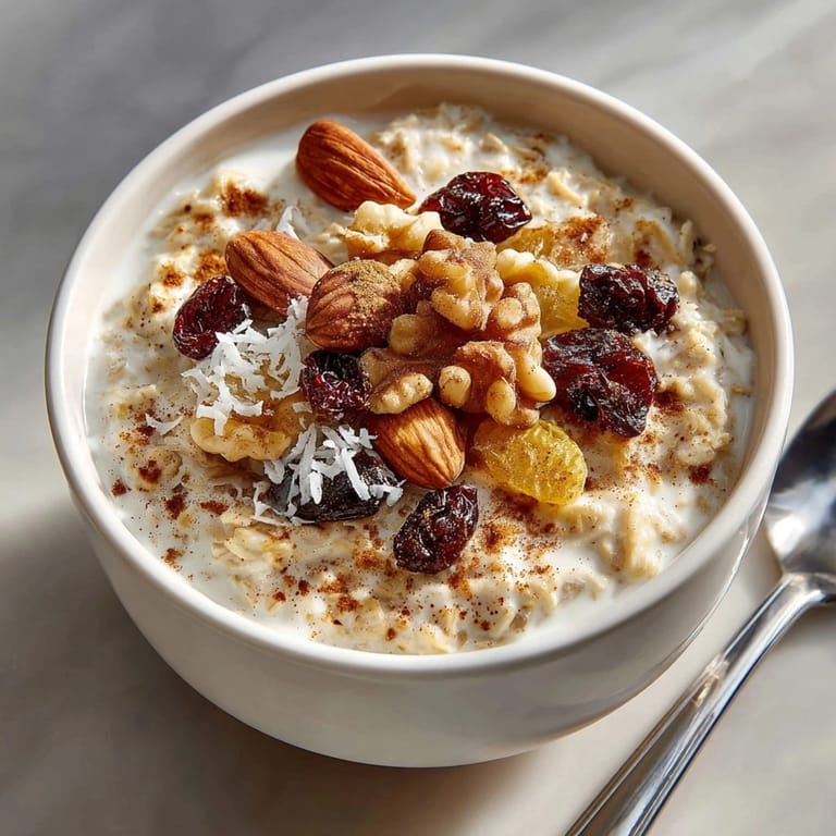 Hearty bowl of Cinnamon Chai Latte Oatmeal, sprinkled with cinnamon and chopped walnuts.