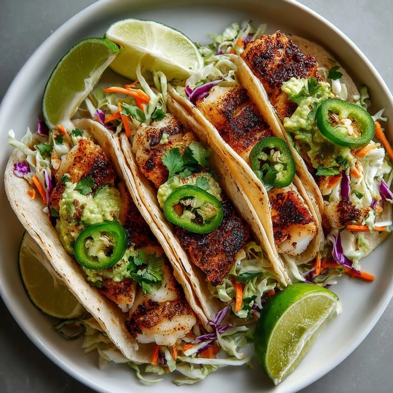 Vibrant plate of Cajun Blackened Fish Tacos with Avocado Slaw, perfect for a summer dinner