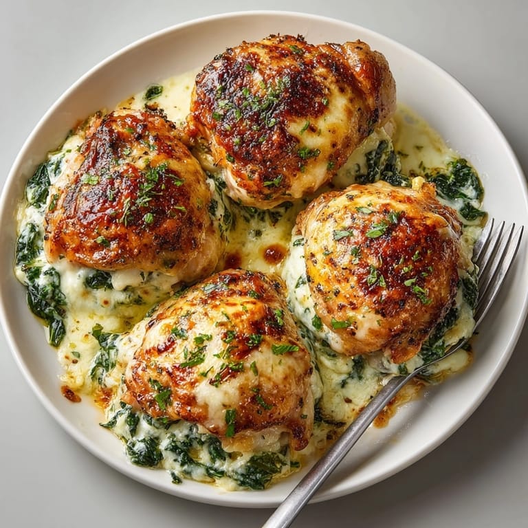 Closeup of creamy ricotta spinach stuffed chicken thighs, hot from the oven and perfectly browned.